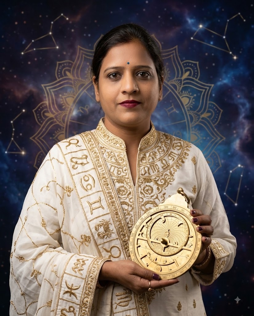 Astrologer Punam Jain holding a golden astrolabe